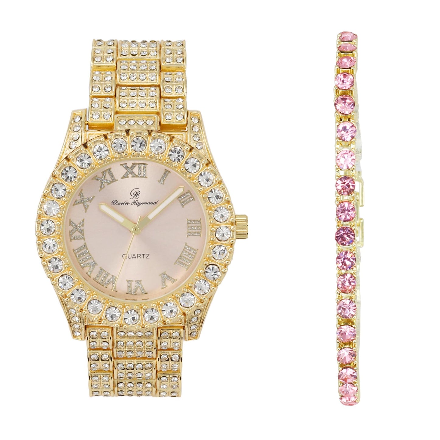 Charles Raymond Women's Big Rocks Bezel Colored Dial with Roman Numerals Fully Iced Out Watch - ST10327LA