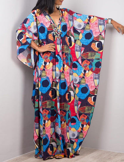 Bsubseach Women Ethnic Print Kaftan Beach Dress Plus Size Swimsuit Cover Up