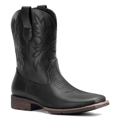 Lumeheel Cowboy Boots for Men - Western Men's Boots with Classic Embroidered, Slip on Square Toe Boots, Slip Resistant Country Boots Chunky Heel Ankle, Durable Short Boots for Spring Fall