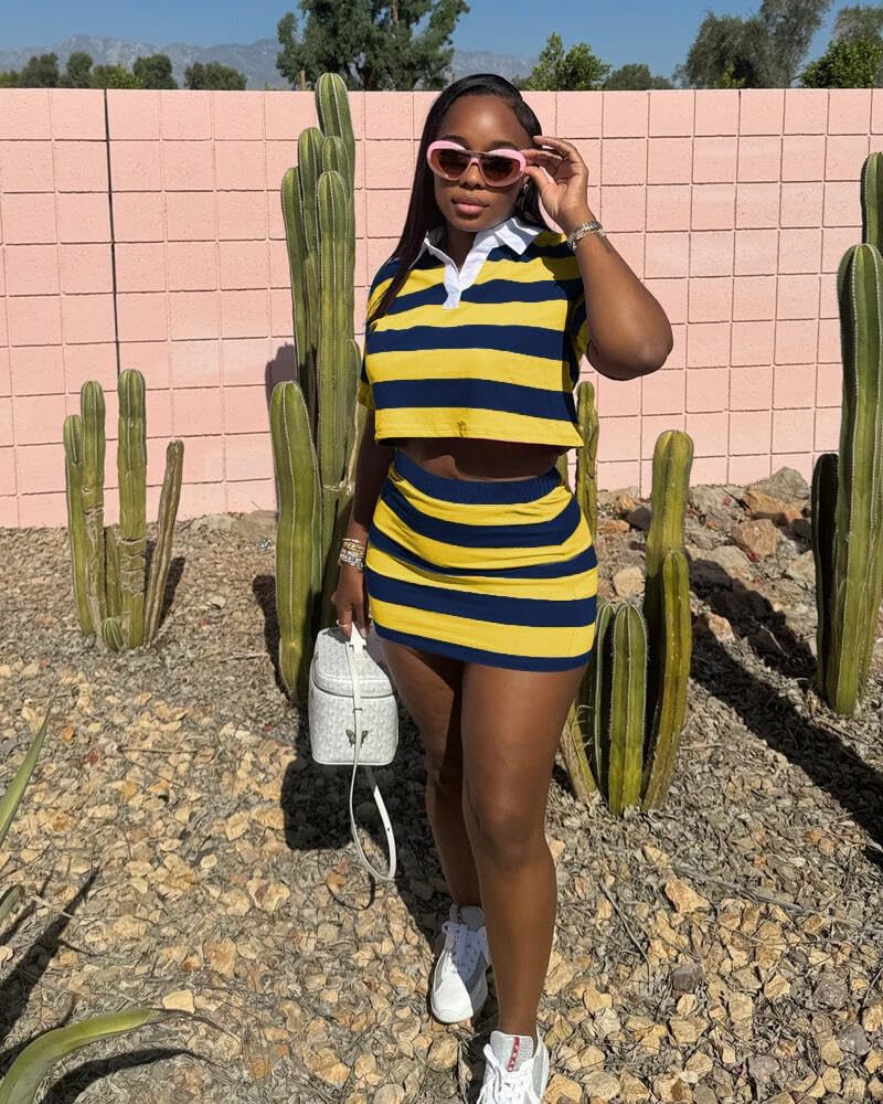 HBQ Women's Casual Two Piece Skirt Sets Polo Collar Crop Top Striped Mini Dress Summer Vacation-Stripe