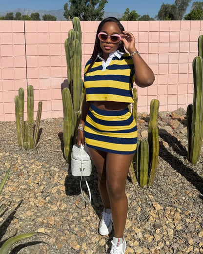 HBQ Women's Casual Two Piece Skirt Sets Polo Collar Crop Top Striped Mini Dress Summer Vacation-Stripe