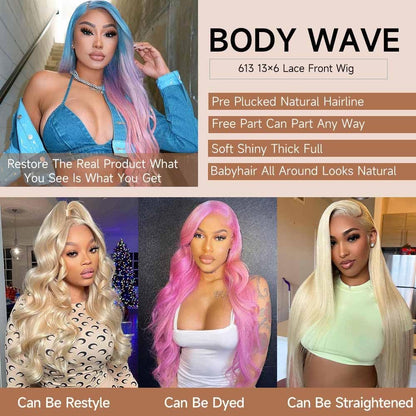 613 13x6 Lace Front Wig Human Hair 30 Inch Body Wave Blonde Wig, 200% Density Pre Plucked Blonde HD Lace Frontal Wig for Black Women