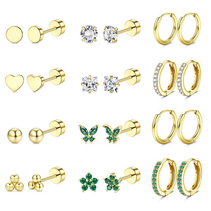 Jstyle Hypoallergenic Surgical Steel Earrings for Sensitive Ears 14K Gold Flat Back Earrings for Women Men Small Stainless Steel Earrings Flatback Stud Hoop Cartilage Earring Set for Multiple Piercing