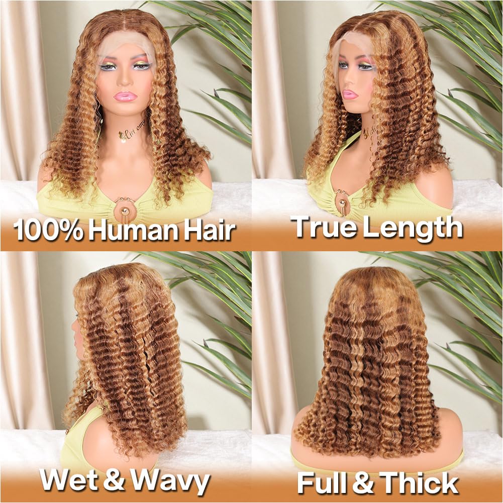 Curly Bob Wig Human Hair Deep Wave 13x4 HD Lace Front Wigs For Black Women Human Hair Pre Plucked Wear And Go Glueless Short Wet And Wavy Ombre Honey Blonde Highlight Color 4/27 14 Inch