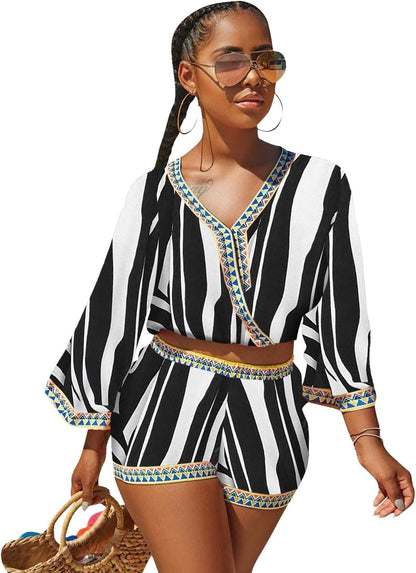 Sexy Two Piece Shorts Set - African Floral Jumpsuits Rompers Vacation Club Outfit