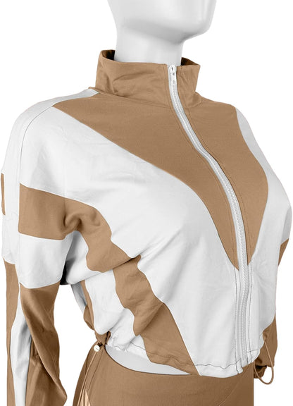 Women 2 Piece Outfit Long Sleeve Zip Up Crop Jacket High Waist Stretchy Pants