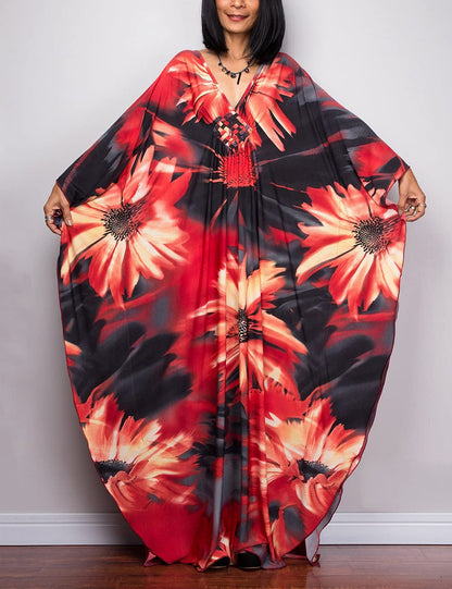 Bsubseach Women Ethnic Print Kaftan Beach Dress Plus Size Swimsuit Cover Up