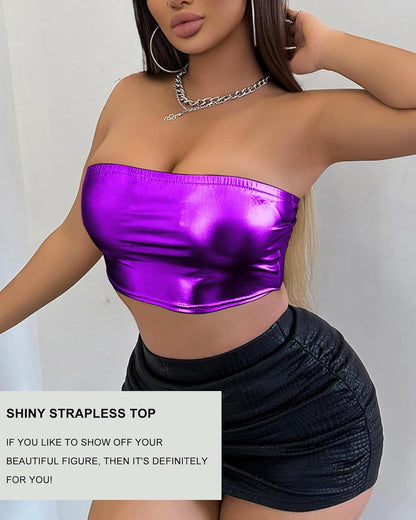 Women's Metallic Shiny Tube Top - Strapless Party Crop Top for Rave, Festival & Night Out