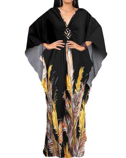 Bsubseach Women Ethnic Print Kaftan Beach Dress Plus Size Swimsuit Cover Up