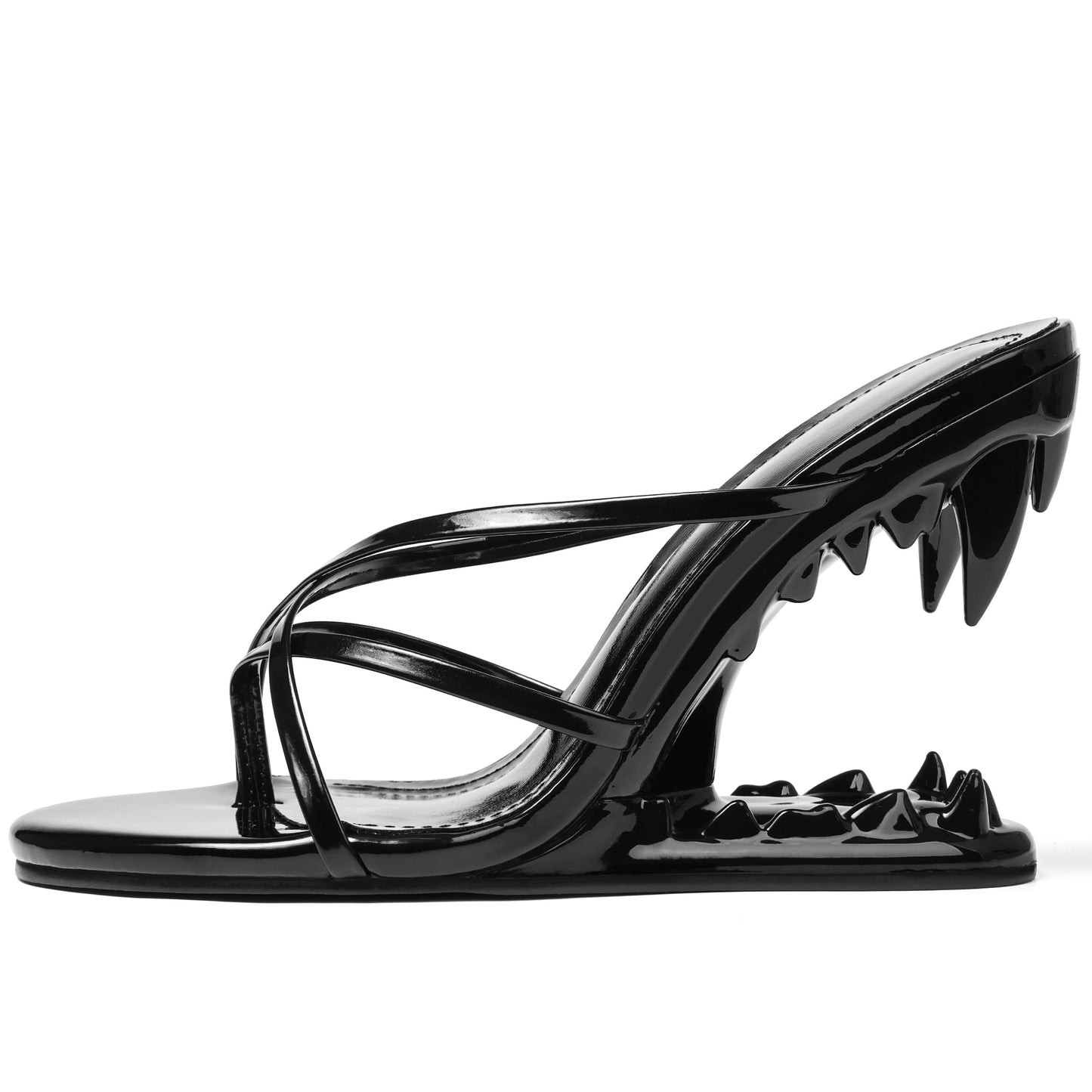 Goiphrri Wedge Sandals for Women Strappy Heels Round Open Toe Heels Metallic Shark Tiger Teeth heeled Sandals Flip Flops Thong Womens Mules Slip on Party Dress Wedding Ceremony