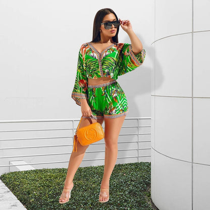 Sexy Two Piece Shorts Set - African Floral Jumpsuits Rompers Vacation Club Outfit