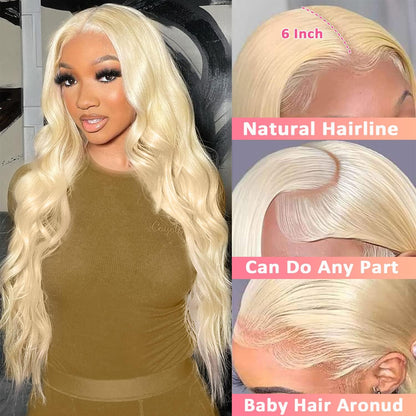 613 13x6 Lace Front Wig Human Hair 30 Inch Body Wave Blonde Wig, 200% Density Pre Plucked Blonde HD Lace Frontal Wig for Black Women