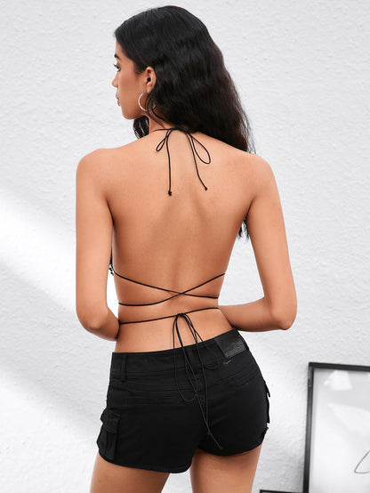 SweatyRocks Women's Glitter Rhinestone Criss Cross Halter Tops Backless Sleeveless Asymmetrical Party Crop Tops