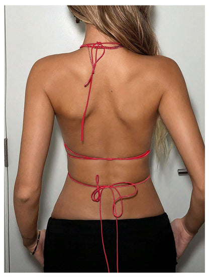 SweatyRocks Women's Glitter Rhinestone Criss Cross Halter Tops Backless Sleeveless Asymmetrical Party Crop Tops