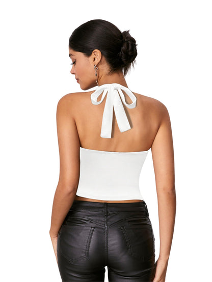 WDIRARA Women's Leopard Print Ruched Halter Crop Tops V Neck Tie Back Sleeveless Slim Fit Cami Tops