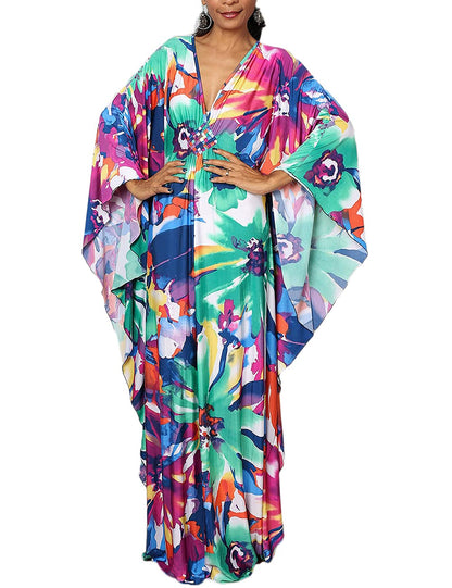 Bsubseach Women Ethnic Print Kaftan Beach Dress Plus Size Swimsuit Cover Up