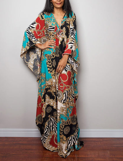 Bsubseach Women Ethnic Print Kaftan Beach Dress Plus Size Swimsuit Cover Up