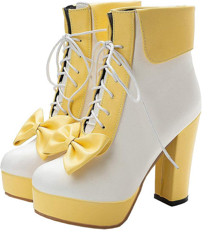 Parisuit Womens Dress Kawaii Boots Chunky High Heel Platform Ankle Booties Lace Up Sweet Bow Shoes
