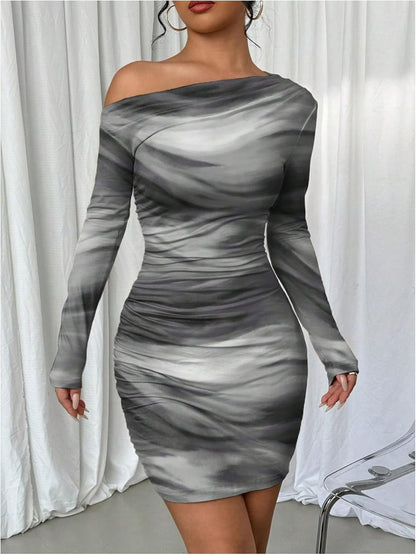 Women's Off Shoulder Ombre Tie Dye Bodycon Dress Long Sleeve Slim Fit Pencil Mini Dresses