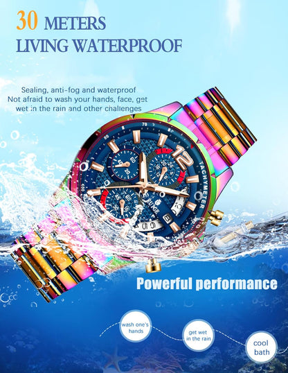 RUIGE Sports Chronograph Colorful Series Multi Functional Men's Quartz Watch Stainless Steel Material Men's Night Light Waterproof Fashion Trend Watch Diameter 42MM N3-3