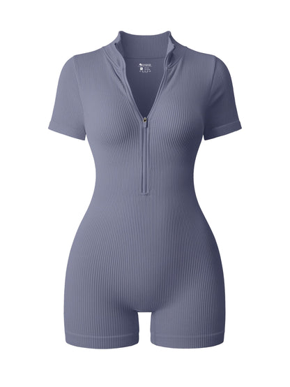 OQQ Women Rompers Ribbed Short Sleeve Zip Front Stretch Tummy Control Yoga Workout Rompers