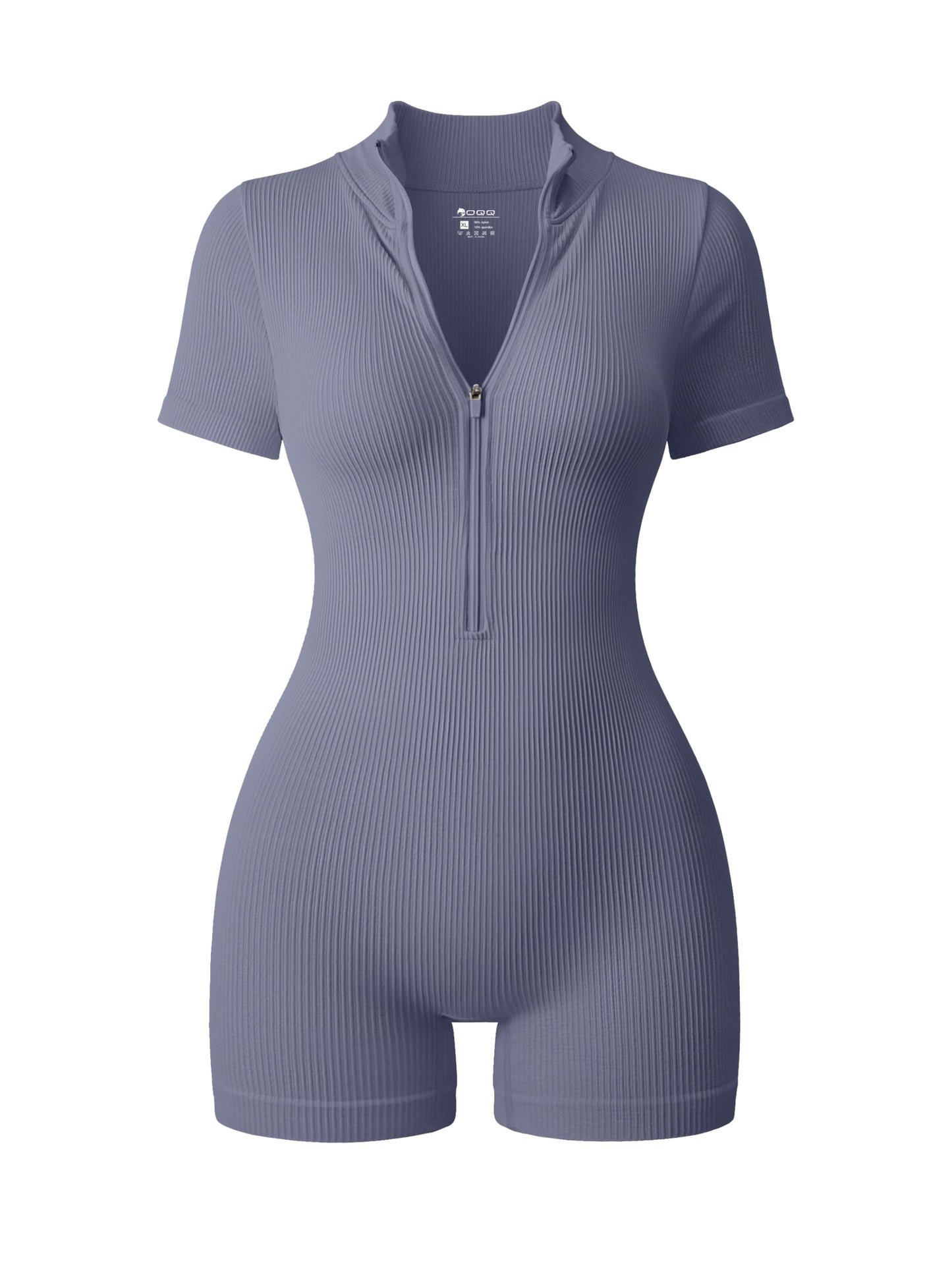 OQQ Women Rompers Ribbed Short Sleeve Zip Front Stretch Tummy Control Yoga Workout Rompers