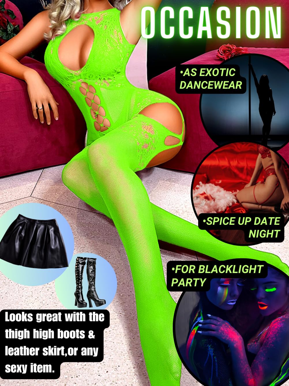 Women Body Stockings Sexy, Exotic Dancer Fishnets Lingerie Glow Party, Fishnet Bodysuit Rave Outfits Club Plus Size