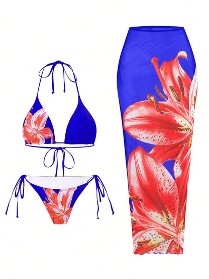 ZAFUL Womens 3pcs Swimsuit Floral Halter Triangle Bikini Top Tie Side Bottom with Long Sheer Cover Up Skirt