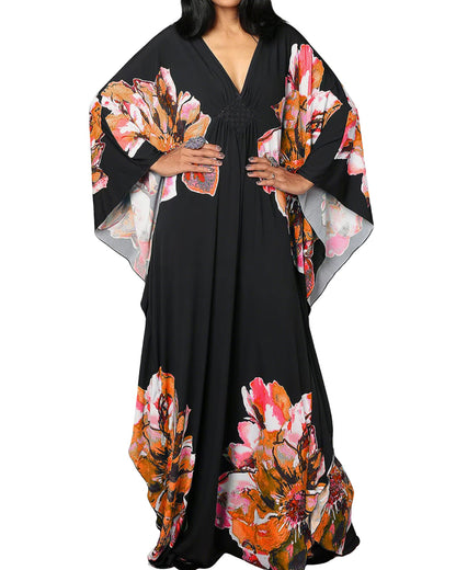 Bsubseach Women Ethnic Print Kaftan Beach Dress Plus Size Swimsuit Cover Up