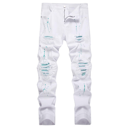 Men's Slim-fit Stretch Denim Jeans Featuring a Ripped Stretch Regular Pants