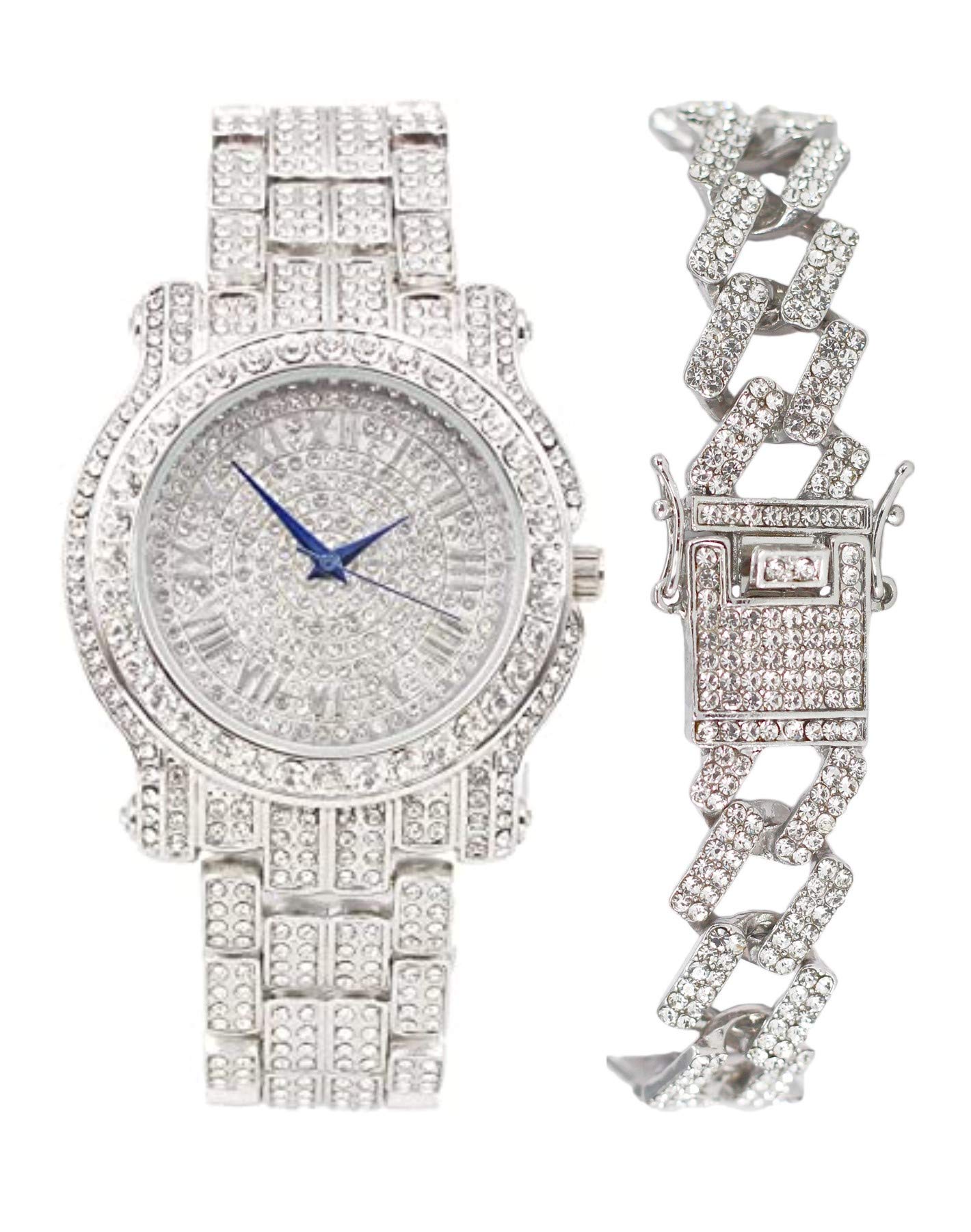 Charles Raymond Bling-ed Out Silver Round Luxury Mens Watch w/Bling-ed Out Bracelet - L0504B