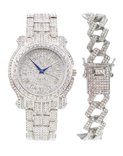 Charles Raymond Bling-ed Out Silver Round Luxury Mens Watch w/Bling-ed Out Bracelet - L0504B