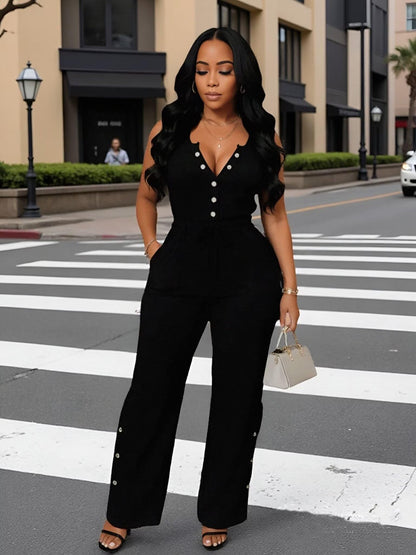 Two Piece Sets for Women Summer Casual Sleeveless Button Crop Top Drawstring Wide Leg Pants Set