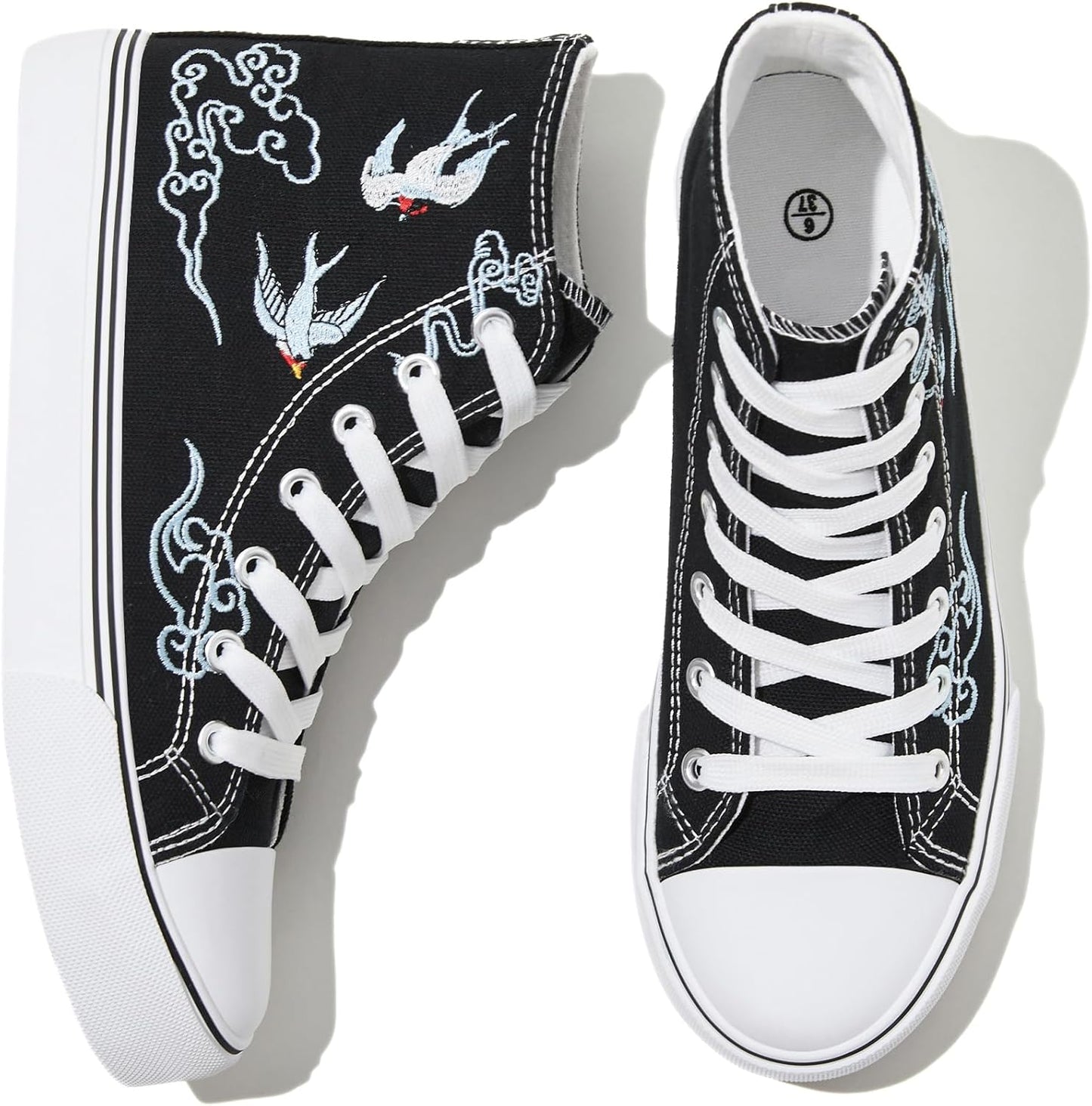 kufeiti Women's High Top Canvas Sneakers Canvas Shoes Lace up White Black Sneakers Casual Walking Shoes