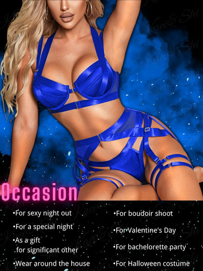 Kaei&Shi Strappy Harness, All Adjustable, Underwire Racerback, 4pc Garter Set