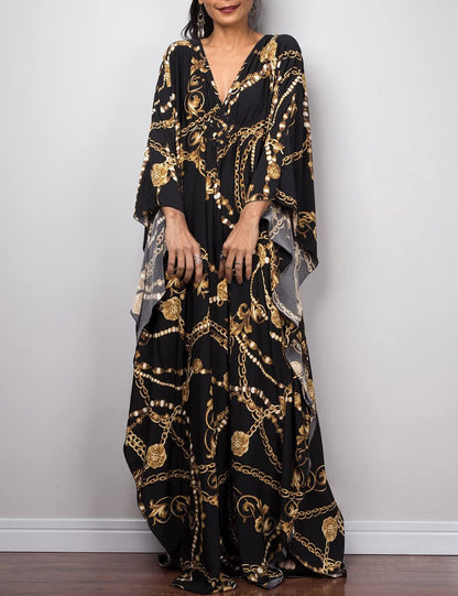 Bsubseach Women Ethnic Print Kaftan Beach Dress Plus Size Swimsuit Cover Up