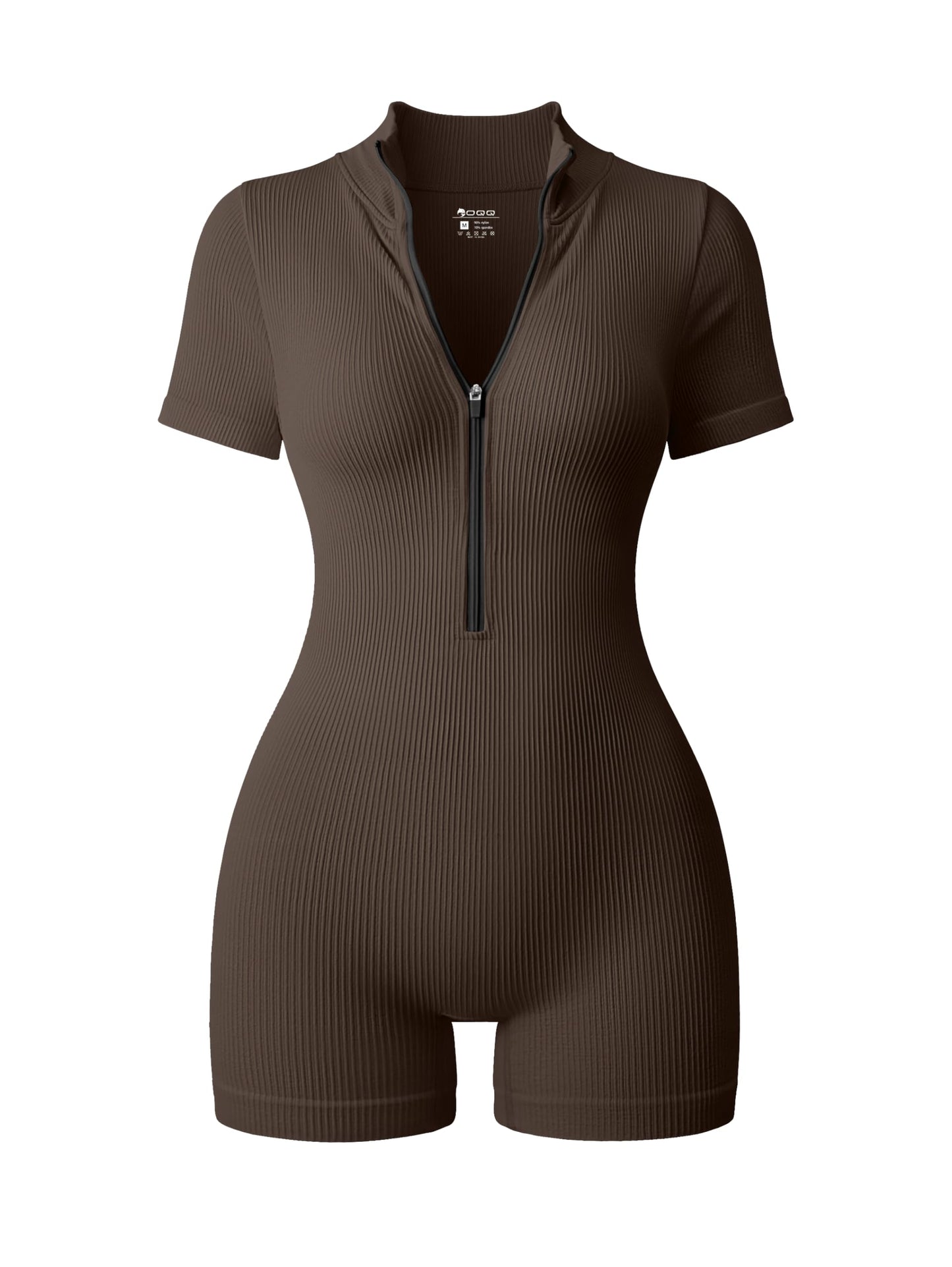OQQ Women Rompers Ribbed Short Sleeve Zip Front Stretch Tummy Control Yoga Workout Rompers
