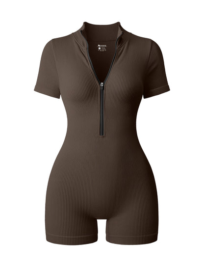 OQQ Women Rompers Ribbed Short Sleeve Zip Front Stretch Tummy Control Yoga Workout Rompers