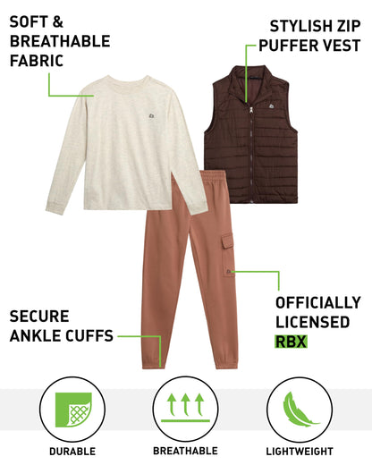 RBX Boys Pants Set - 3 Piece Zip Up Puffer Vest, Crew Neck Long Sleeve T Shirt and Fleece Joggers for Boys (Sizes: 4-12)