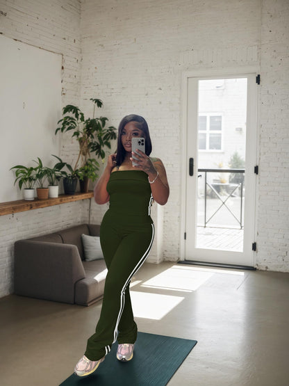 HBQ Women Two Piece Outfits Strapless Crop Top and Flare Pants Casual Stripe Lounge Sets Tracksuits