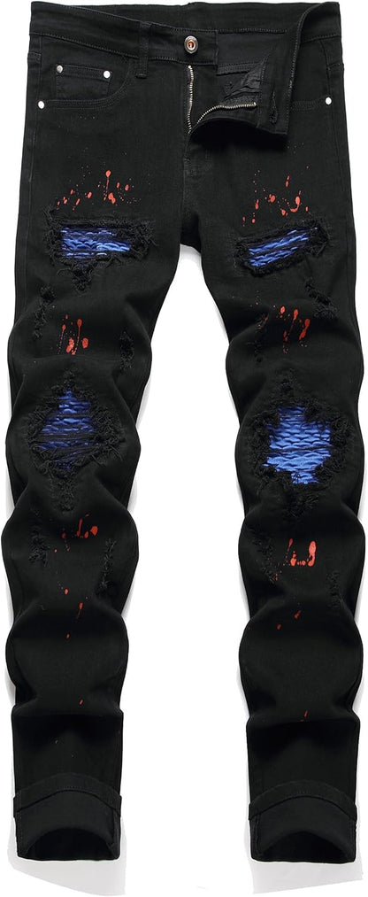 OIIIO Men's Patch Ripped Stretch Regular Fit Jean