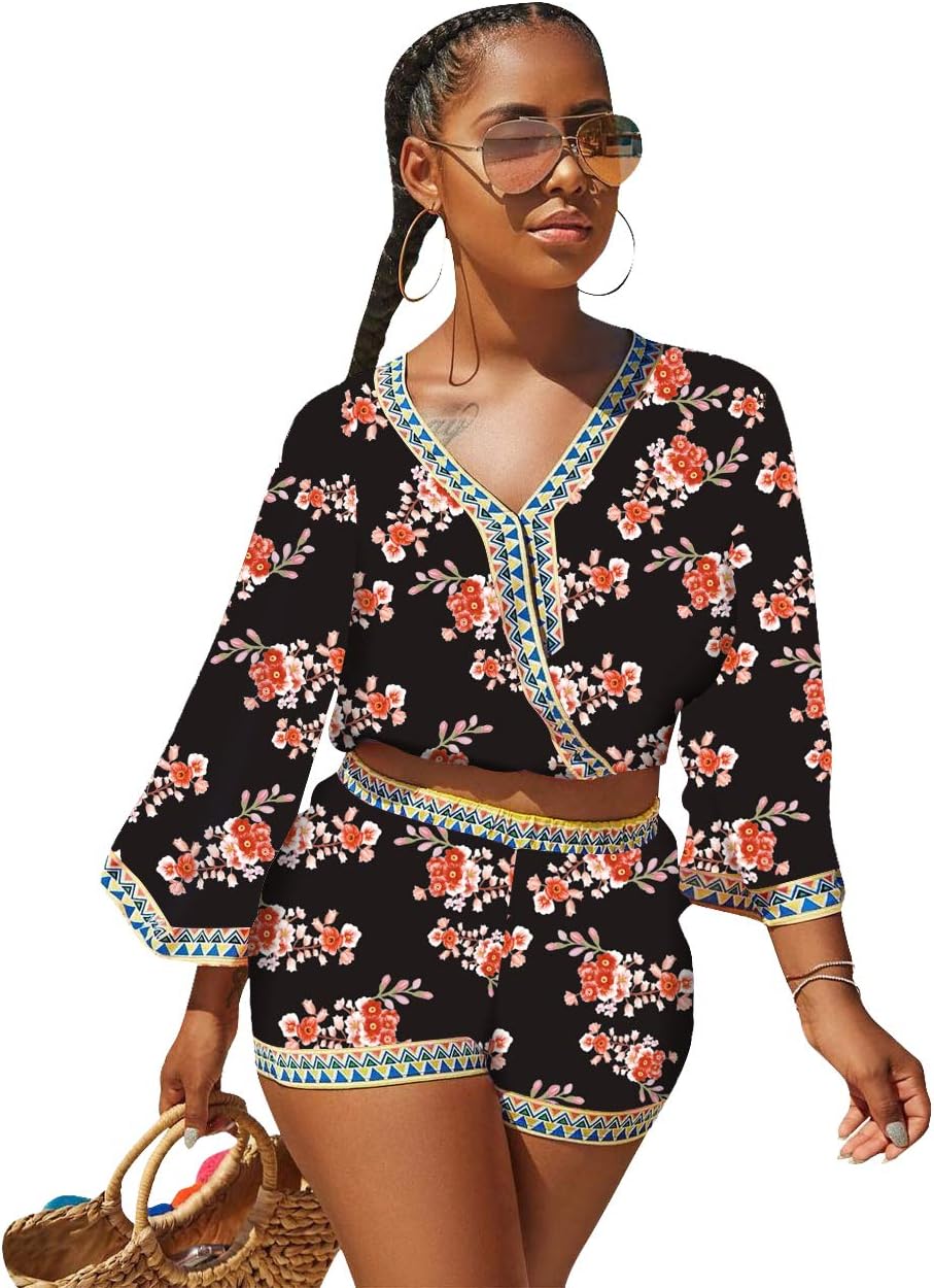Sexy Two Piece Shorts Set - African Floral Jumpsuits Rompers Vacation Club Outfit