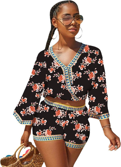 Sexy Two Piece Shorts Set - African Floral Jumpsuits Rompers Vacation Club Outfit