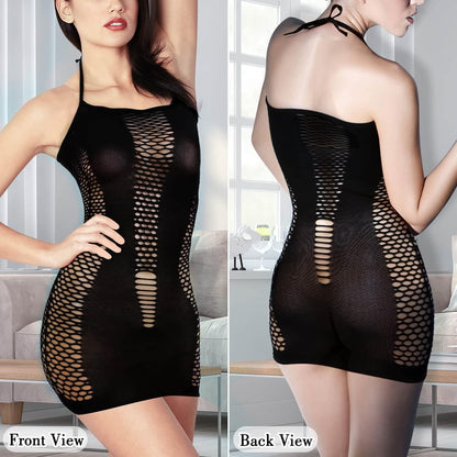 selizo Fishnet Lingerie Dress for Women, Black Fish Net Bodysuit Sexy Chemise Teddy Naughty Women's Mesh Lace Body Stockings