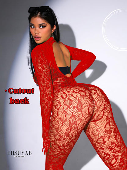 Sexy Lace Leopard Jumpsuit For Women, Fishnet Bodysuit Glow Party Club, Poster One Piece Mesh Full Body Rave Outfits