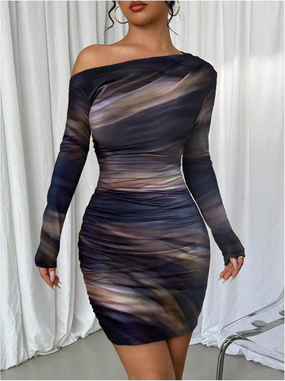 Women's Off Shoulder Ombre Tie Dye Bodycon Dress Long Sleeve Slim Fit Pencil Mini Dresses