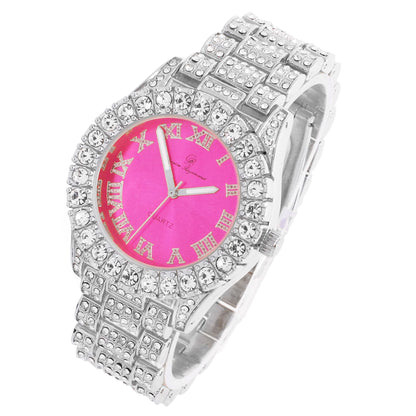 Charles Raymond Women's Big Rocks Bezel Colored Dial with Roman Numerals Fully Iced Out Watch - ST10327LA