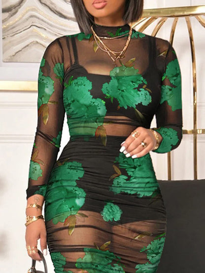 Women Sexy 3 Piece Outfits Set See Through Print Long Sleeve Midi Dress Sheer Mesh Crop Tank Tops Bodycon Skirt