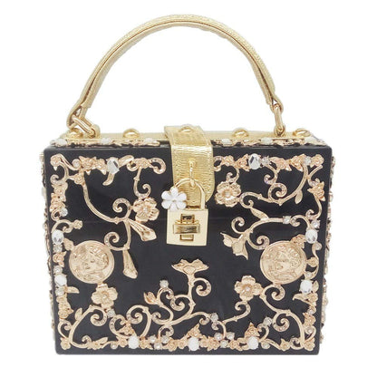 Boutique De FGG Acrylic & Flower Designer Shoulder Bags for Women Crossbody Bag Rhinestones Box Tote Evening Handbags,Small