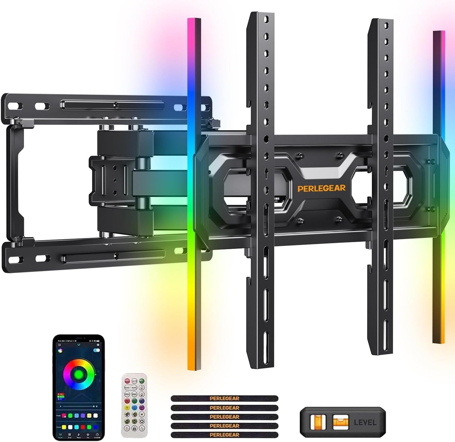 Perlegear Pre-Assembled TV Wall Mount with LED Lights for 26-65 inch TVs up to 99 lbs, Max VESA 400x400mm, Swivel, Extension, Tilt, TV Backlights with Music Sync, Fits 16”/12” Wood Studs, PGMF20